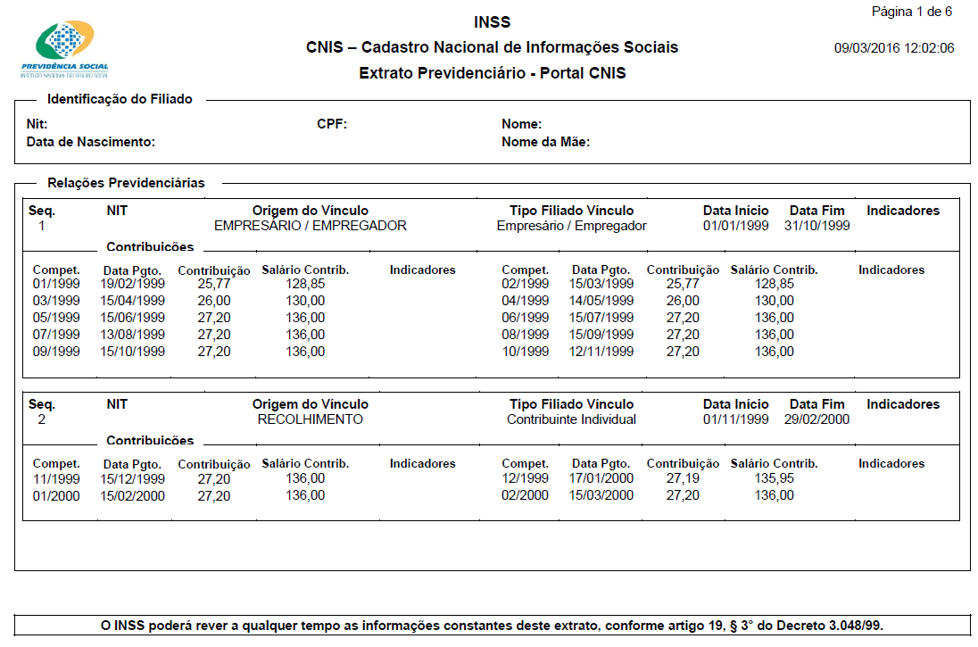 Exemplo de Cnis do INSS. (Foto: Reprodução da internet)