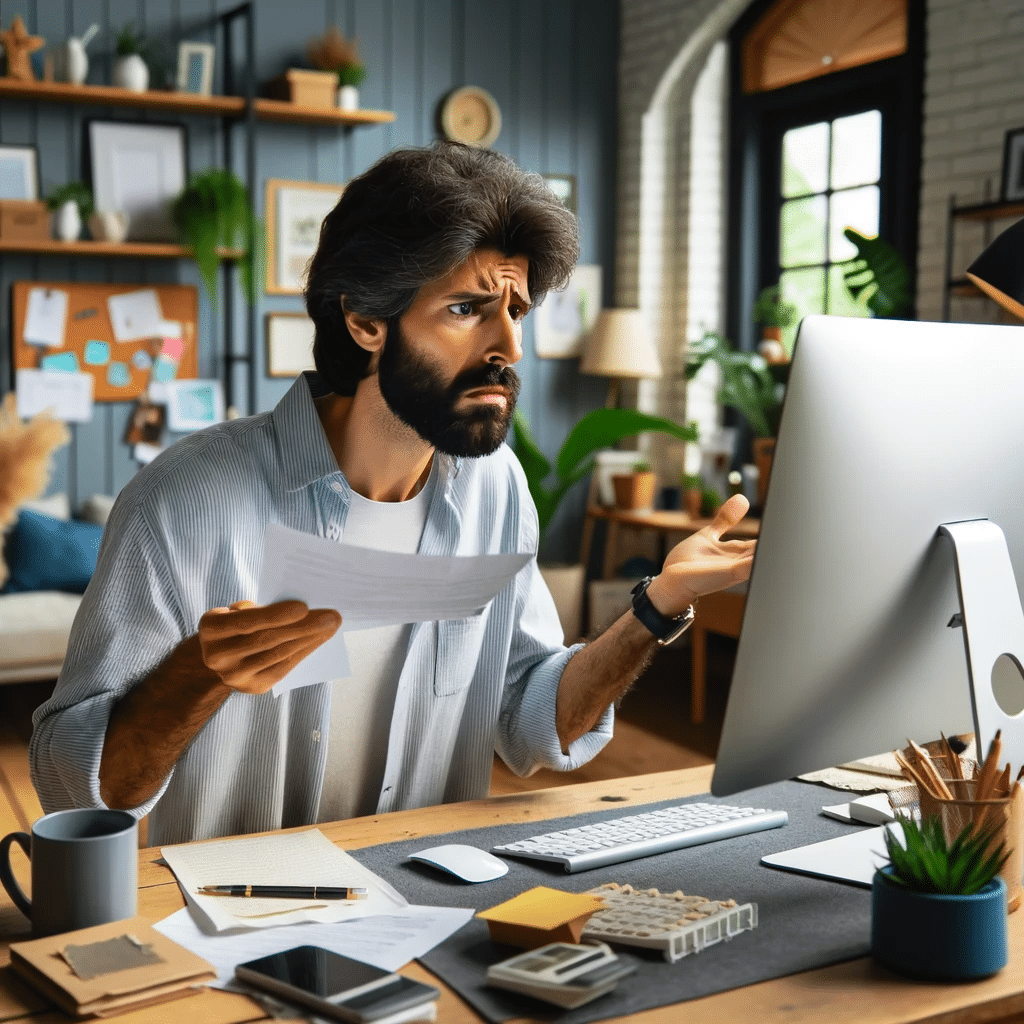 DALL·E 2023 11 06 16.52.34 An image of a worker of Middle Eastern descent in a home office setting showing a mixed expression of frustration and disbelief upon receiving news o 1