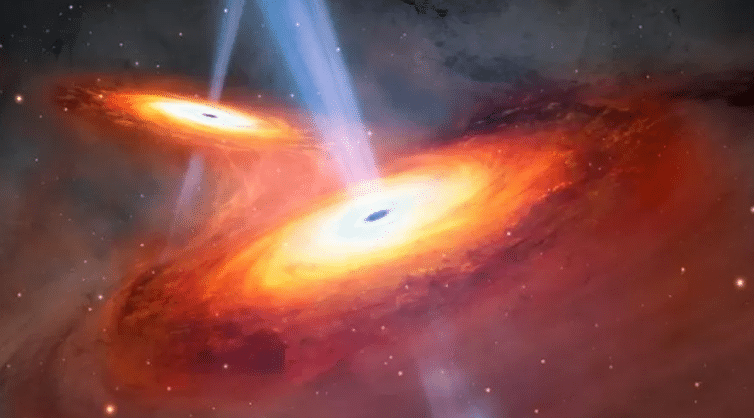 Ilustração demonstra dois quasares em processo de fusão. (Imagem: International Gemini Observatory/NOIRLab/NSF/AURA/M. Garlick)